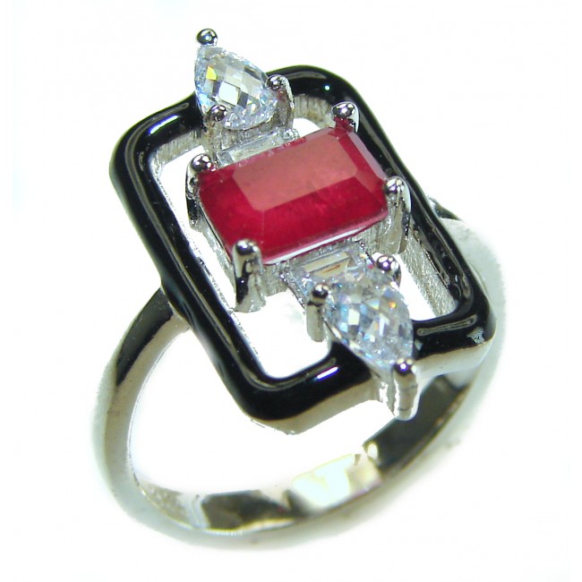 Art Deco 2.3 carat Ruby black enamel .925 Sterling Silver handmade Ring size 6 1/4