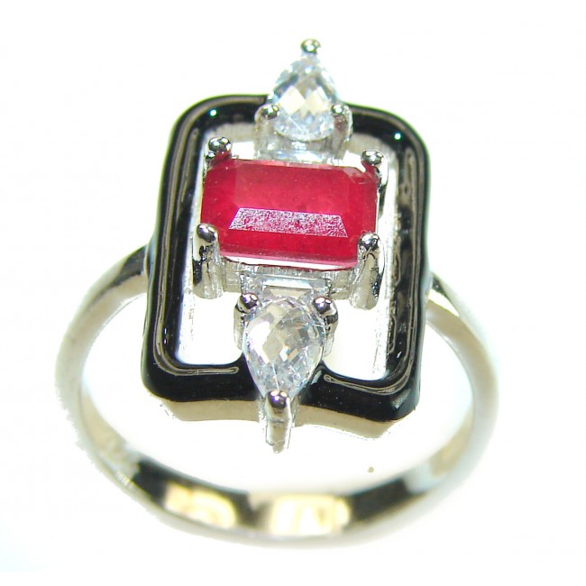 Art Deco 2.3 carat Ruby black enamel .925 Sterling Silver handmade Ring size 6 1/4