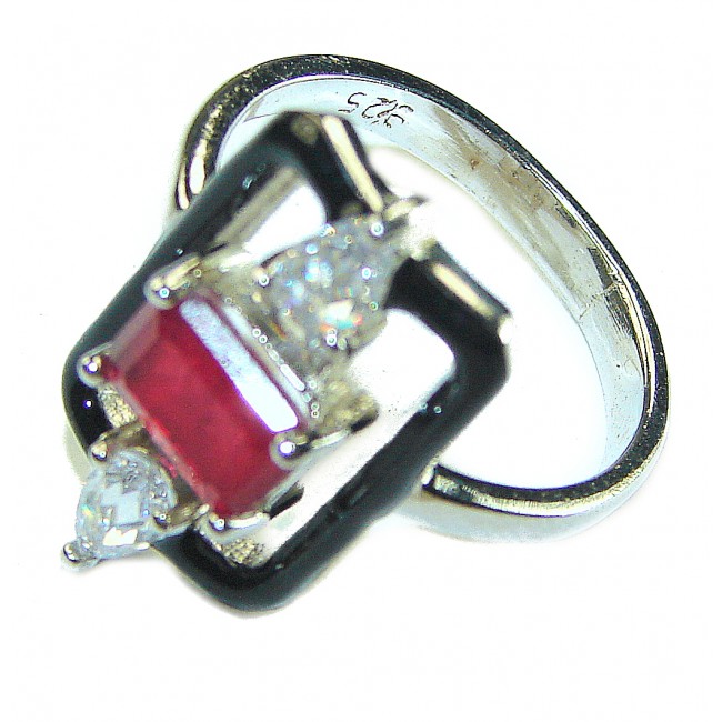 Art Deco 2.3 carat Ruby black enamel .925 Sterling Silver handmade Ring size 6 1/4