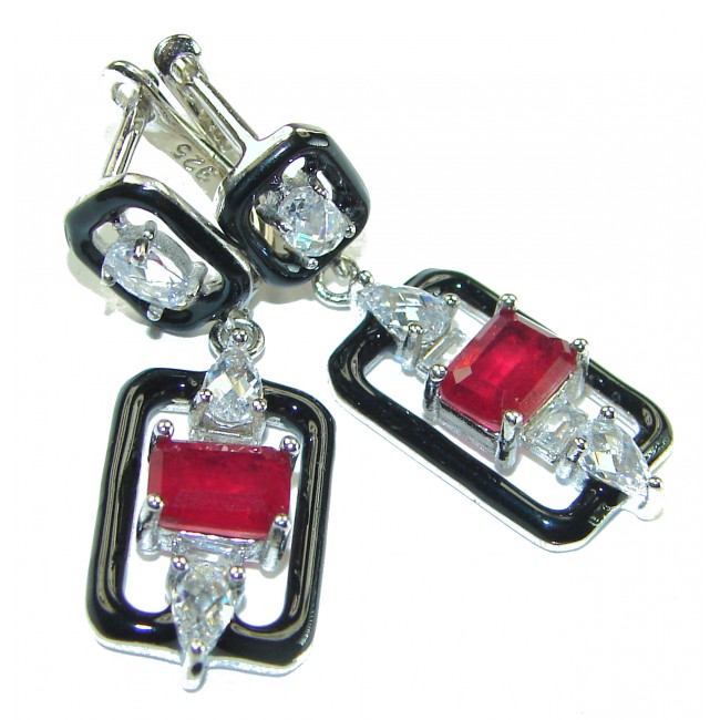 Art Deco Ruby black enamel .925 Sterling Silver handcrafted earrings