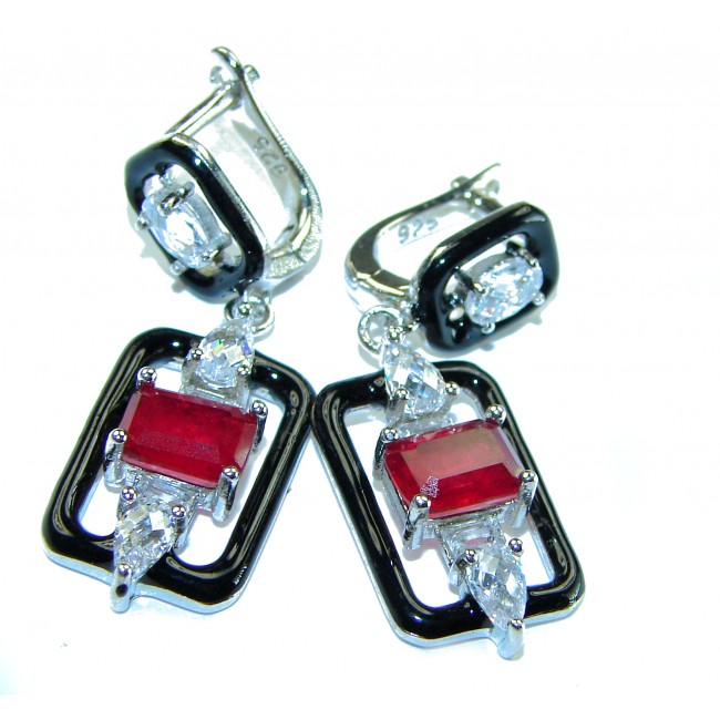 Art Deco Ruby black enamel .925 Sterling Silver handcrafted earrings