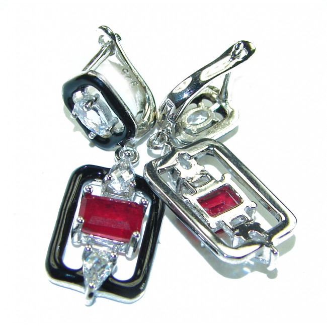 Art Deco Ruby black enamel .925 Sterling Silver handcrafted earrings