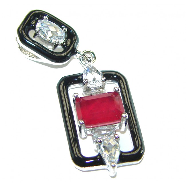 Art Deco 2.3 carat Ruby black enamel .925 Sterling Silver handmade Pendant