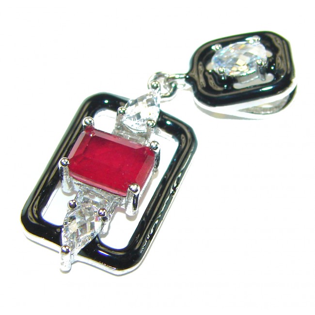 Art Deco 2.3 carat Ruby black enamel .925 Sterling Silver handmade Pendant