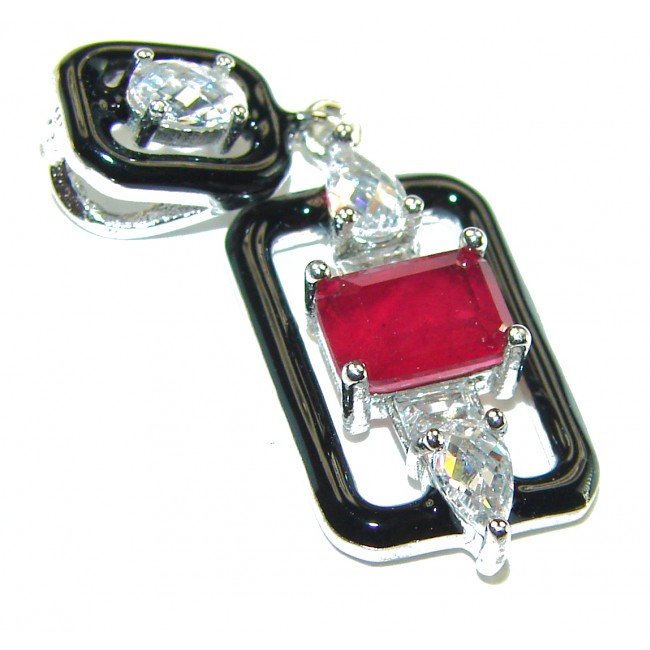 Art Deco 2.3 carat Ruby black enamel .925 Sterling Silver handmade Pendant