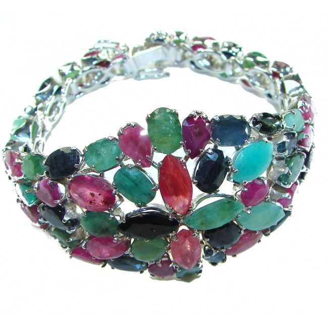 Carmen - Precious Natural 102.5 carat Ruby Emerald Sapphire .925 Sterling Silver handcrafted bracelet