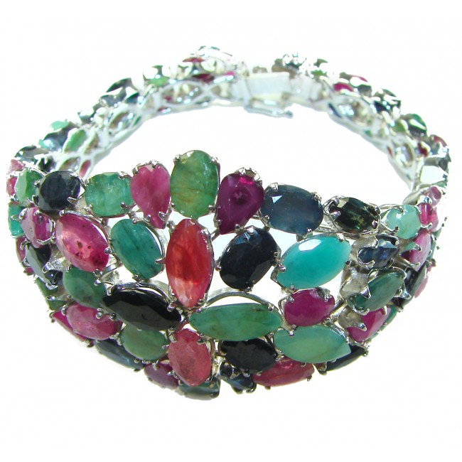 Carmen - Precious Natural 102.5 carat Ruby Emerald Sapphire .925 Sterling Silver handcrafted bracelet