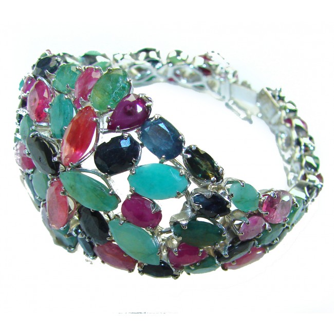 Carmen - Precious Natural 102.5 carat Ruby Emerald Sapphire .925 Sterling Silver handcrafted bracelet