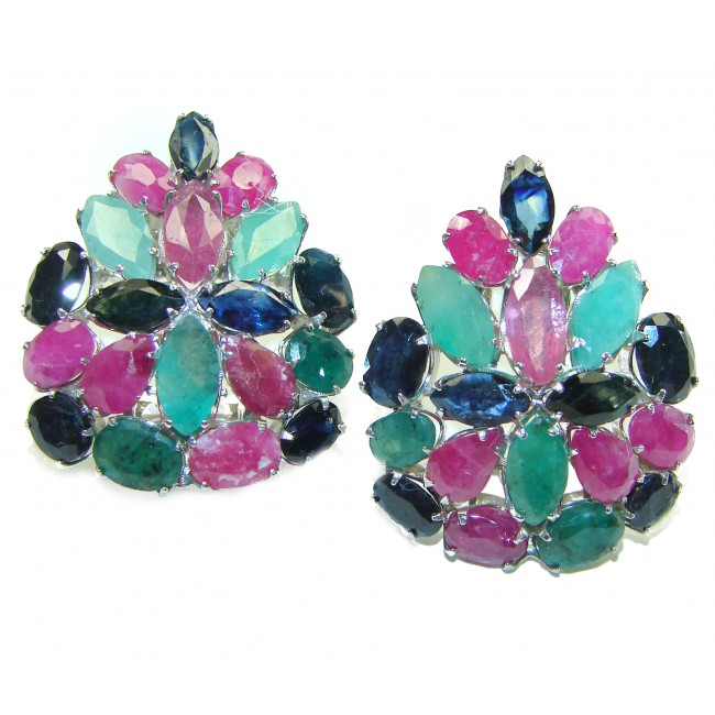 Carmen - Precious Natural 27.5 carat Ruby Emerald Sapphire .925 Sterling Silver handcrafted earrings