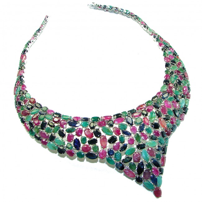 Carmen - Precious Natural 282.5 carat Ruby Emerald Sapphire .925 Sterling Silver handmade Large Statement necklace