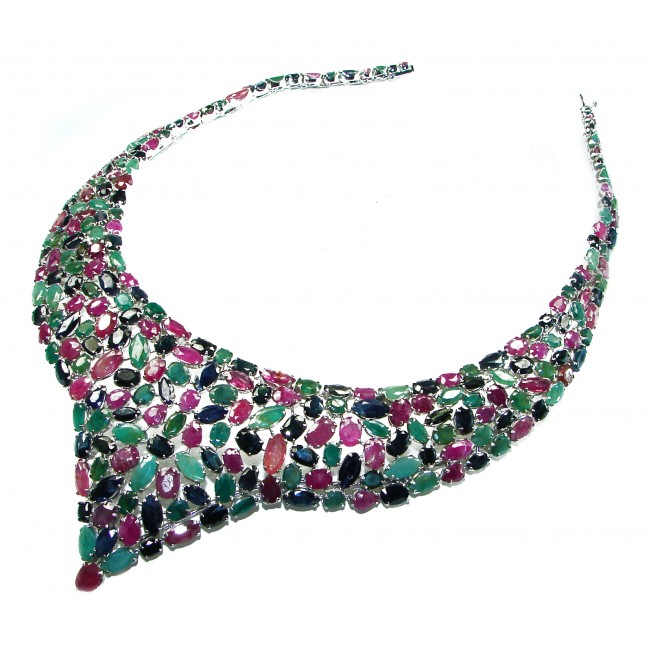 Carmen - Precious Natural 282.5 carat Ruby Emerald Sapphire .925 Sterling Silver handmade Large Statement necklace