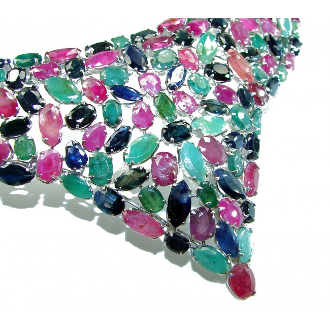 Carmen - Precious Natural 282.5 carat Ruby Emerald Sapphire .925 Sterling Silver handmade Large Statement necklace