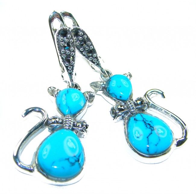 Spectacular Blue Cats inlay Turquoise .925 Sterling Silver handcrafted Earrings