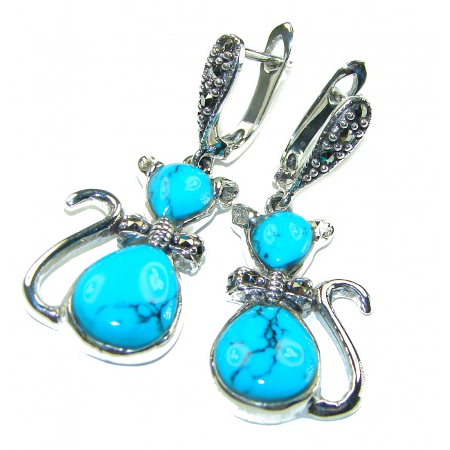 Spectacular Blue Cats inlay Turquoise .925 Sterling Silver handcrafted Earrings