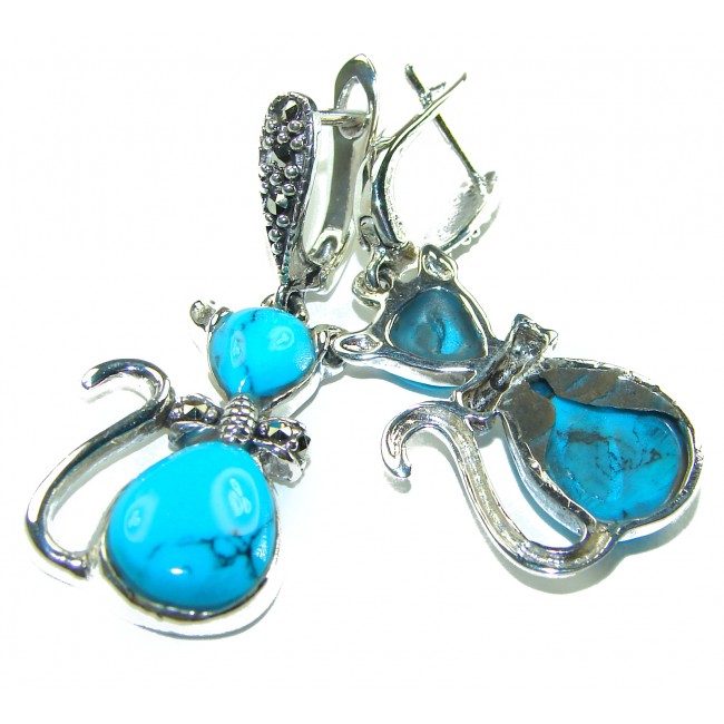 Spectacular Blue Cats inlay Turquoise .925 Sterling Silver handcrafted Earrings