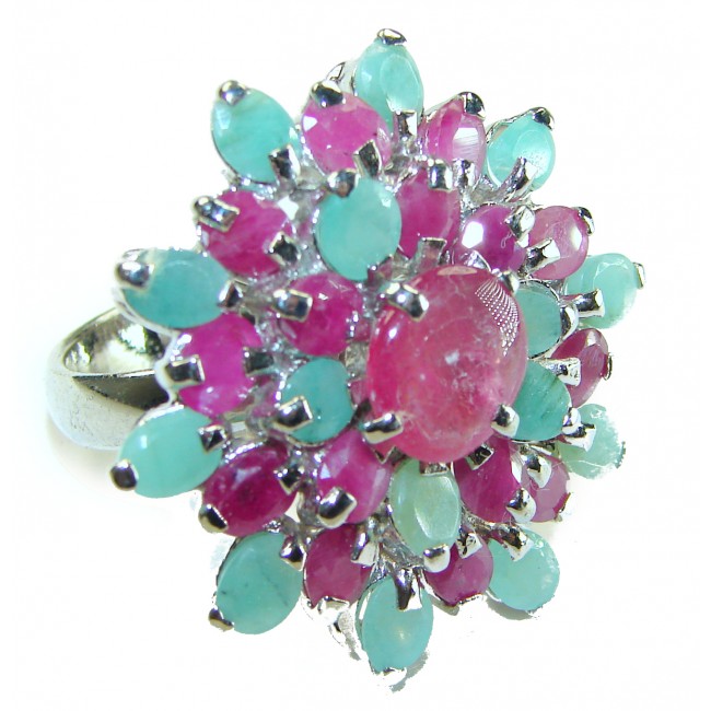 Born to Glam authentic 18.5 carat Ruby Emerald .925 Silver handcrafted Cocktail Ring s. 9