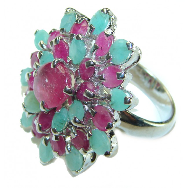 Born to Glam authentic 18.5 carat Ruby Emerald .925 Silver handcrafted Cocktail Ring s. 9