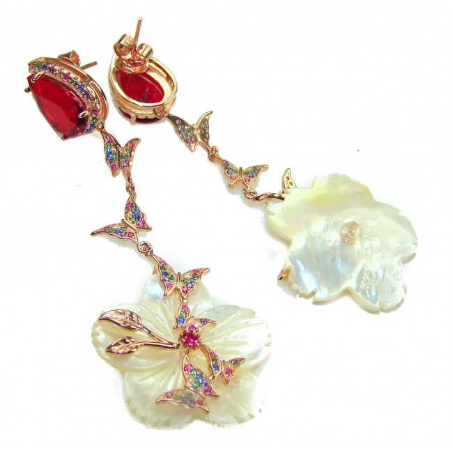 Summer Flowers Blister Pearl Red Topaz 14K Gold over .925 Sterling Silver handcrafted Earrings