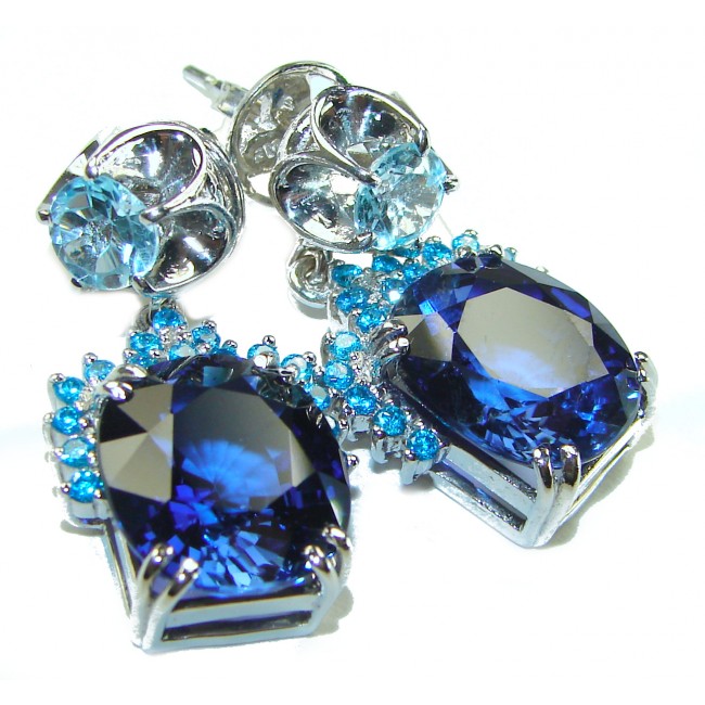 Deep Ocean 25.5 carat London Blue Topaz .925 Sterling Silver handmade Large Statement earrings