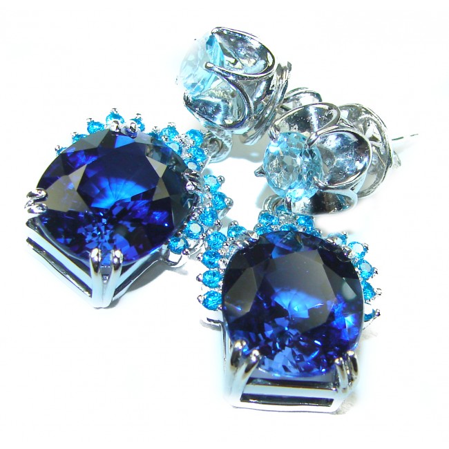 Deep Ocean 25.5 carat London Blue Topaz .925 Sterling Silver handmade Large Statement earrings