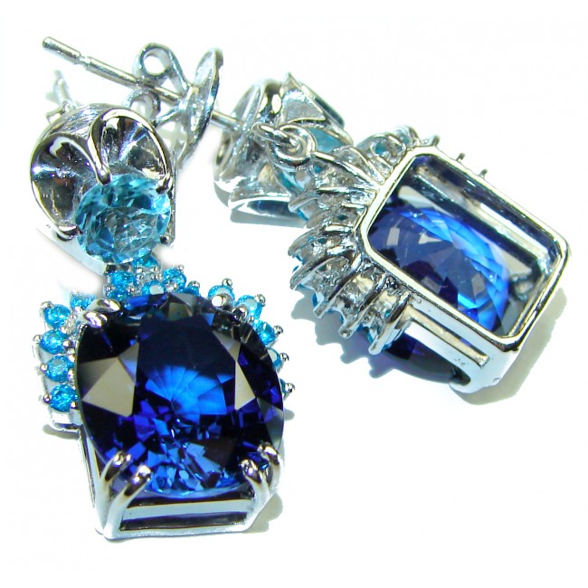 Deep Ocean 25.5 carat London Blue Topaz .925 Sterling Silver handmade Large Statement earrings