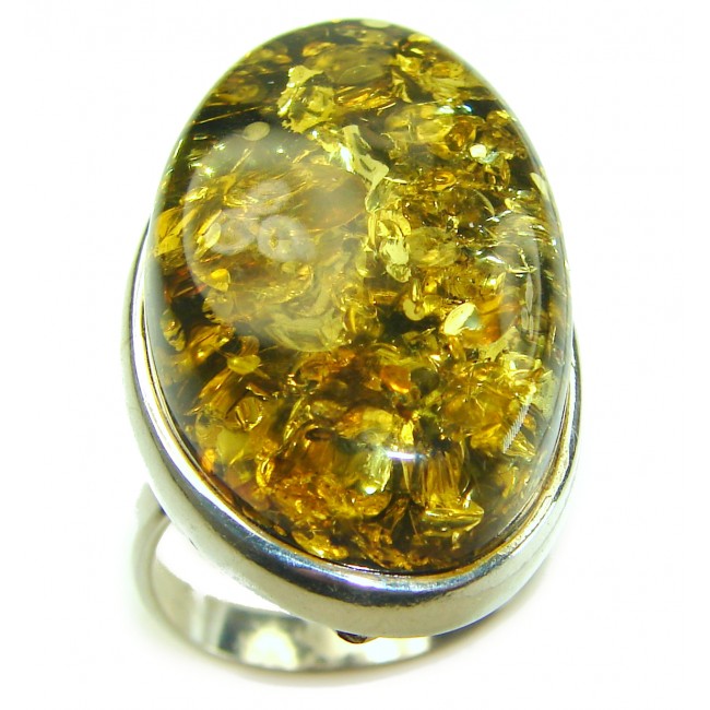 Authentic Green Baltic Amber 14K Gold over .925 Sterling Silver handcrafted ring; s. 7 adjustable