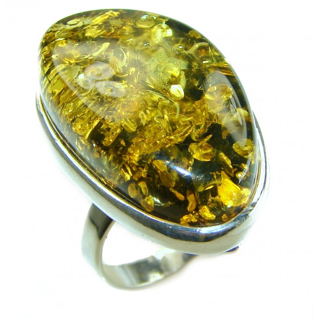 Authentic Green Baltic Amber 14K Gold over .925 Sterling Silver handcrafted ring; s. 7 adjustable