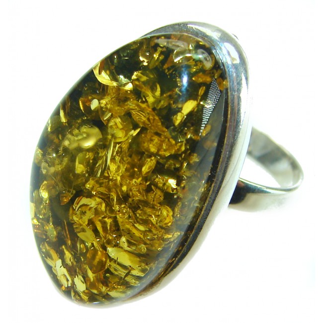 Authentic Green Baltic Amber 14K Gold over .925 Sterling Silver handcrafted ring; s. 7 adjustable