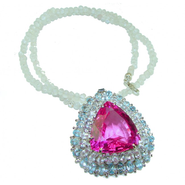 Genevieve Trillion cut 55.5 carat Pink Sapphire Rose Quartz beads .925 Sterling Silver handcrafted Statement necklace -pendant- brooch