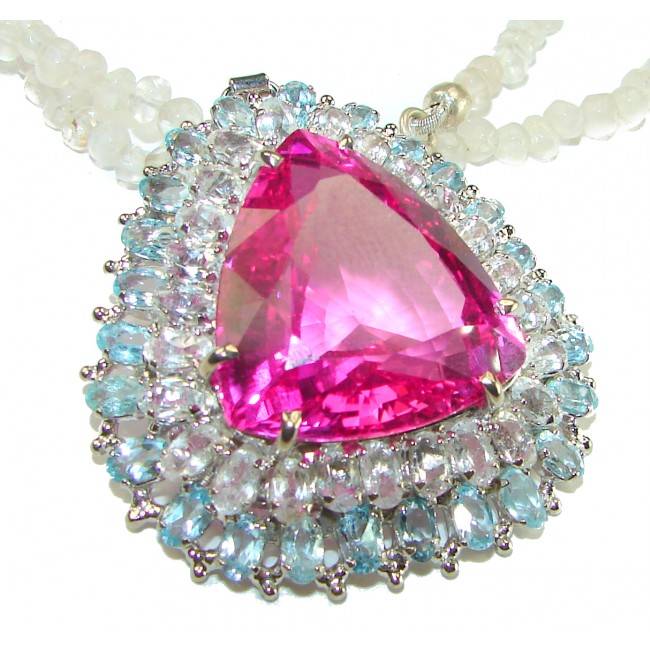 Genevieve Trillion cut 55.5 carat Pink Sapphire Rose Quartz beads .925 Sterling Silver handcrafted Statement necklace -pendant- brooch