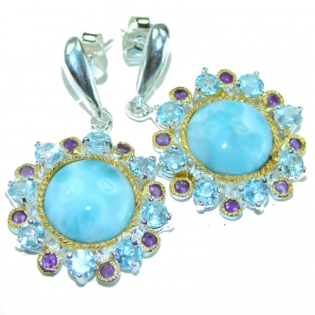 Venus - Genuine 14.5 carat Blue Larimar 2 tones .925 Sterling Silver handmade earrings