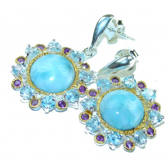 Venus - Genuine 14.5 carat Blue Larimar 2 tones .925 Sterling Silver handmade earrings