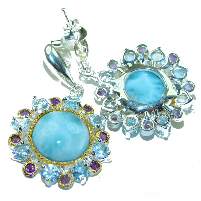 Venus - Genuine 14.5 carat Blue Larimar 2 tones .925 Sterling Silver handmade earrings