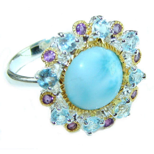 Venus - Genuine 7.5 carat Blue Larimar 2 tones .925 Sterling Silver handmade ring size 9