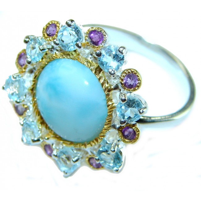 Venus - Genuine 7.5 carat Blue Larimar 2 tones .925 Sterling Silver handmade ring size 9