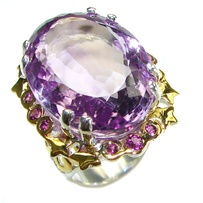 Blooming Love 29.8 carat Authentic Amethyst 2 tones .925 Sterling Silver Handcrafted Ring size 8 1/4