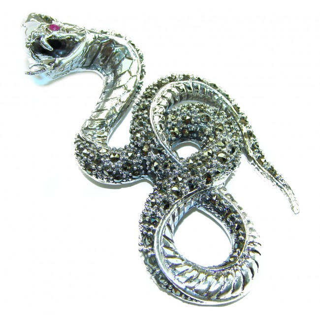 Large 2 5/8 inches long Cobra Snake genuine Marcasite .925 Sterling Silver handmade Pendant