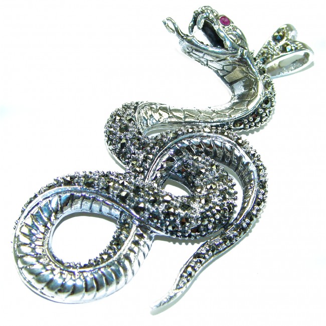 Large 2 5/8 inches long Cobra Snake genuine Marcasite .925 Sterling Silver handmade Pendant