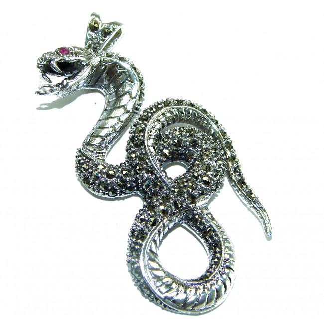 Large 2 5/8 inches long Cobra Snake genuine Marcasite .925 Sterling Silver handmade Pendant