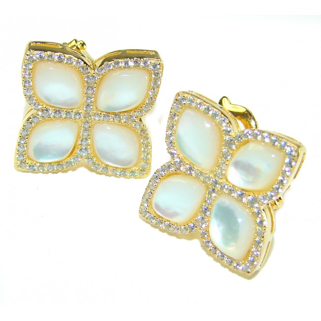 Four leaf clover Genuine Blister Pearl lab grown Diamond 18K Gold over .925 Sterling Silver handcrafted Earrings