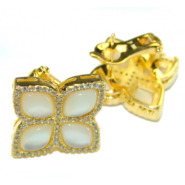 Four leaf clover Genuine Blister Pearl lab grown Diamond 18K Gold over .925 Sterling Silver handcrafted Earrings