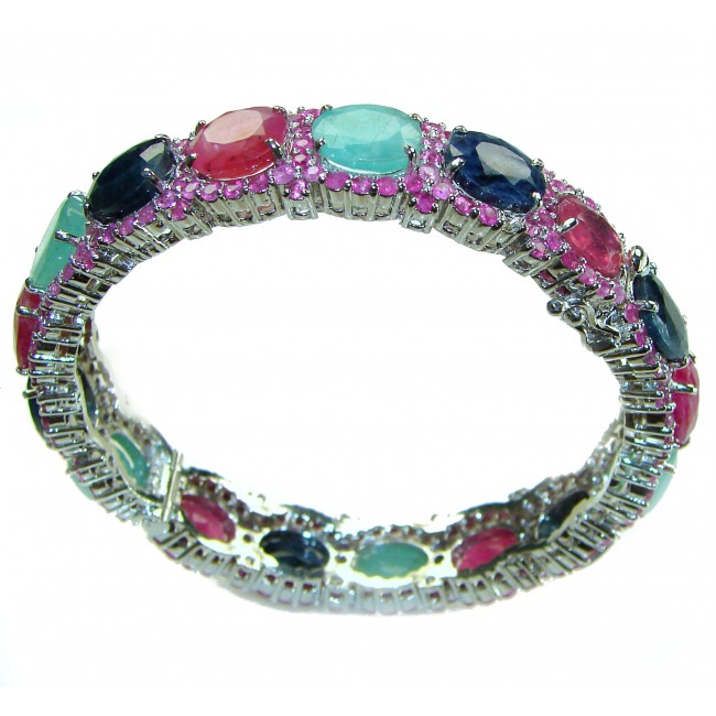 SOLID Precious Natural 55.5 carat Ruby Emerald Sapphire .925 Sterling Silver Bangle bracelet