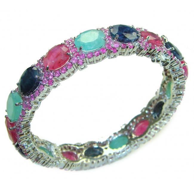 SOLID Precious Natural 55.5 carat Ruby Emerald Sapphire .925 Sterling Silver Bangle bracelet