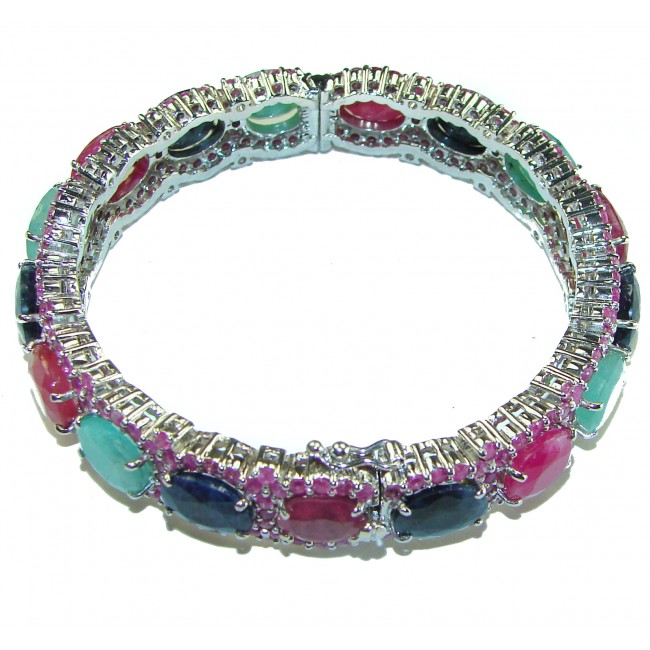 SOLID Precious Natural 55.5 carat Ruby Emerald Sapphire .925 Sterling Silver Bangle bracelet