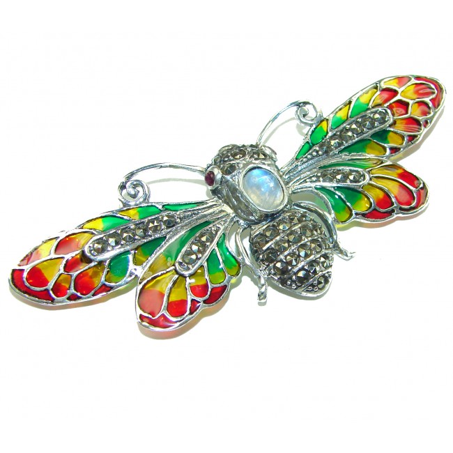 Large Dragonfly 3.5 carat Moonstone Enamel .925 Sterling Silver handcrafted Pendant Brooch