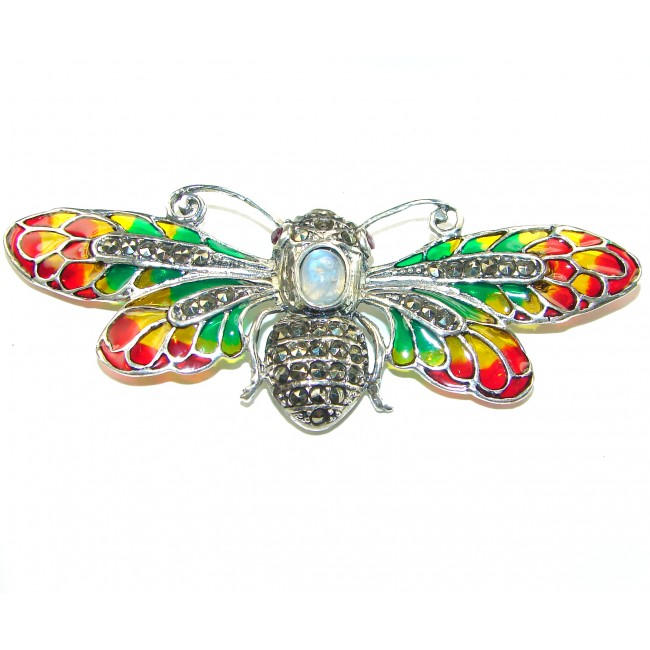 Large Dragonfly 3.5 carat Moonstone Enamel .925 Sterling Silver handcrafted Pendant Brooch