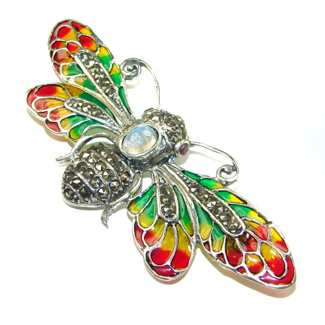 Large Dragonfly 3.5 carat Moonstone Enamel .925 Sterling Silver handcrafted Pendant Brooch