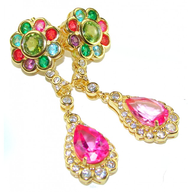 Very Unique Flower Design 6.5 carat Pink Sapphire 14K Gold over .925 Sterling Silver handcrafted earrings