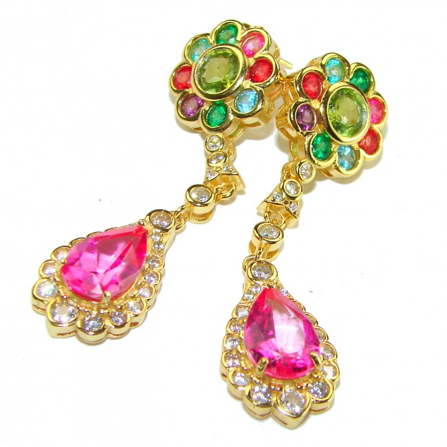 Very Unique Flower Design 6.5 carat Pink Sapphire 14K Gold over .925 Sterling Silver handcrafted earrings