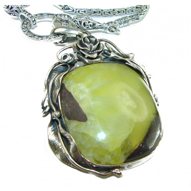 Pure Desire Natural 75.5 carat Moss Prehnite .925 Sterling Silver handcrafted Large necklace